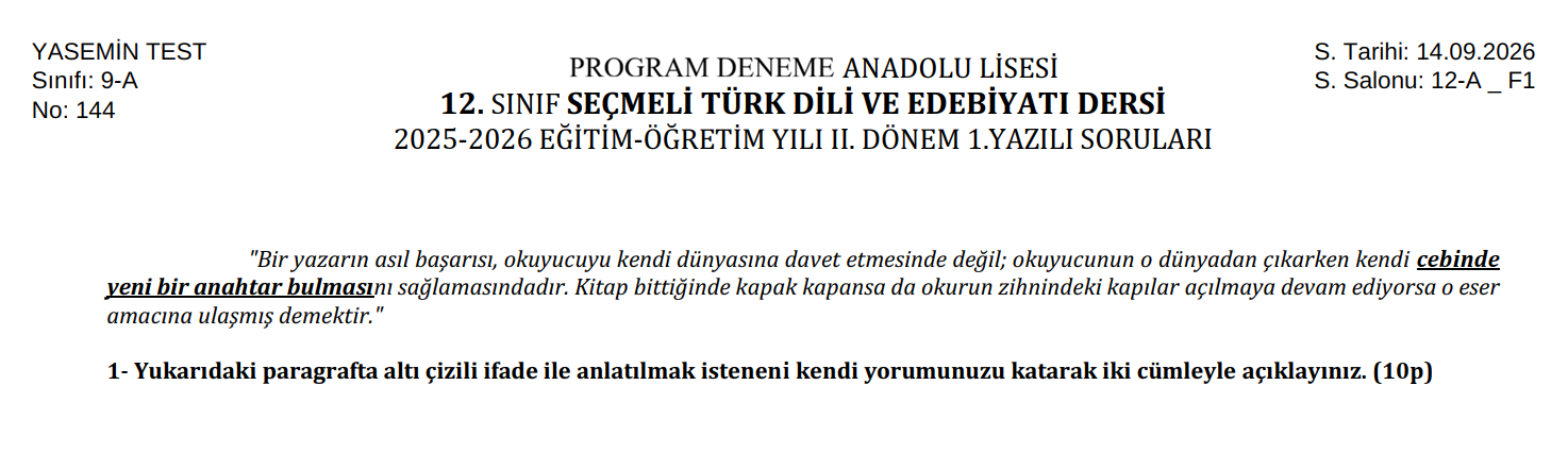 İsme Özel Sınav Kağıdı